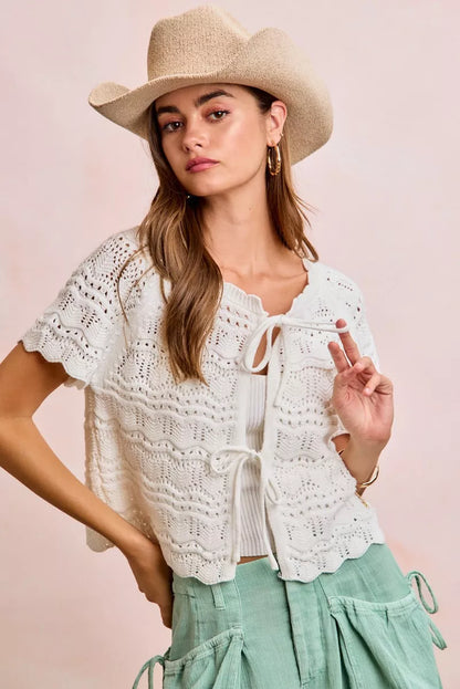 BiBi Front Bow Tie Detail Pointelle Knit Top