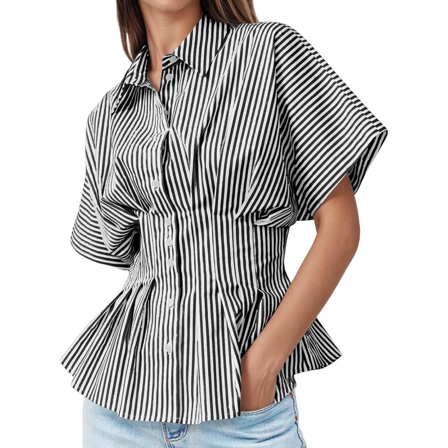Women's Striped Peplum Button-Down Blouse