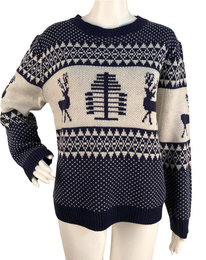 Women’s Christmas Elk Geometric Print Sweater | Cute Reindeer Knitted Winter Pullover | Nordic Style Festive Graphic Jumper | Cozy Holiday Crewneck Knitwear