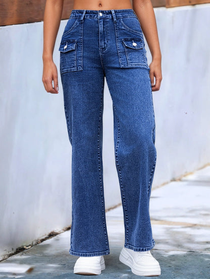 Women’s High-Waisted Wide-Leg Utility Jeans | Trendy Medium Blue Cargo Denim Pants | Streetwear Wide-Leg Trousers with Multi-Pockets | High-Sense Utility Style Denim | 2026 Urban Fashion Cargo Jeans