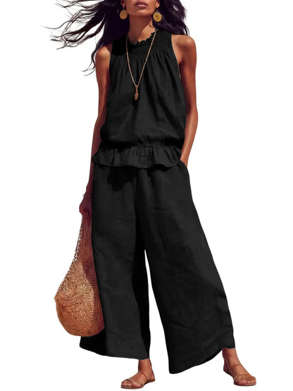 Women's 2 Piece Outfits Sleeveless Ruffle Top Wide Leg Pants Summer Loungewear