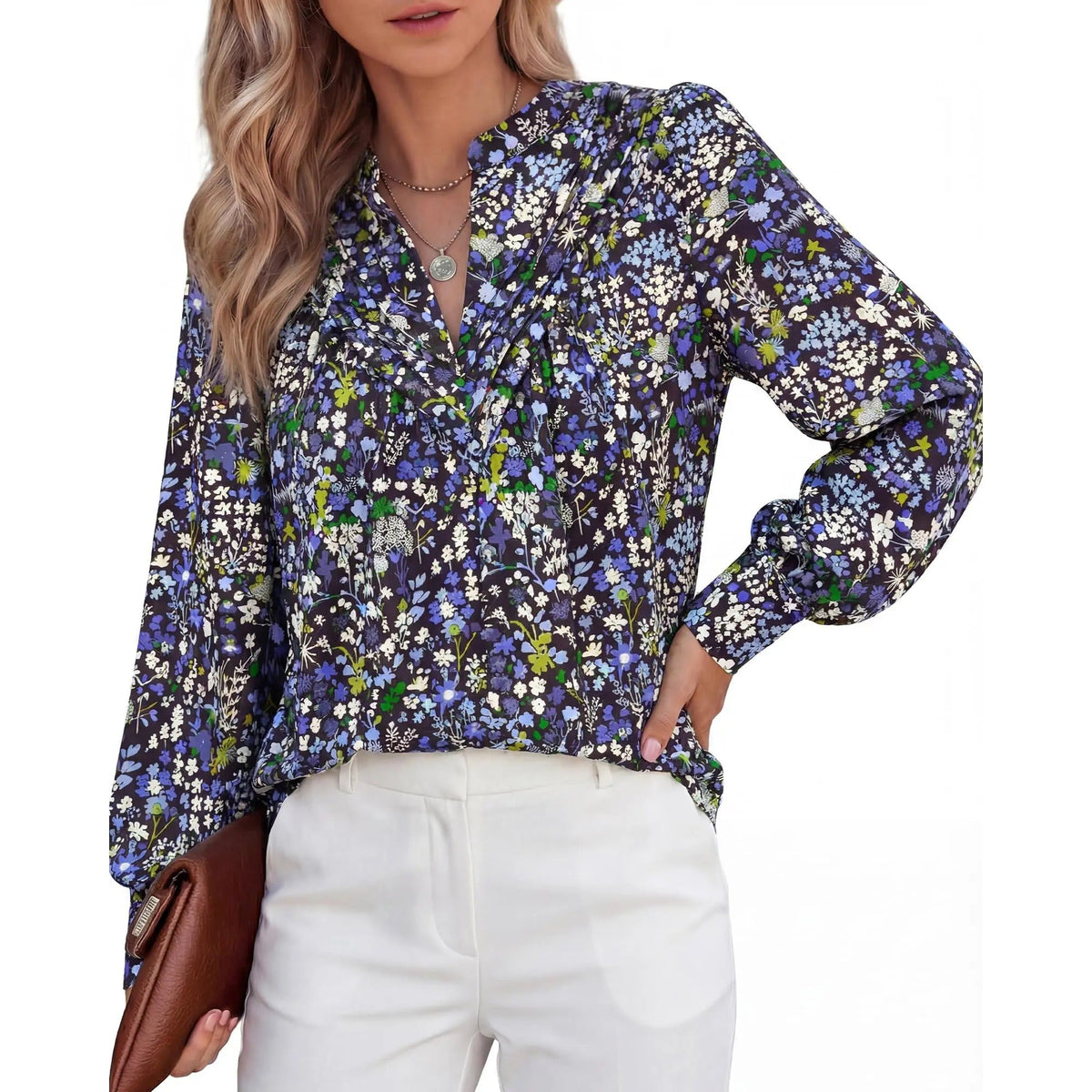 Women's Boho Floral V-Neck Half Button Down Blouse