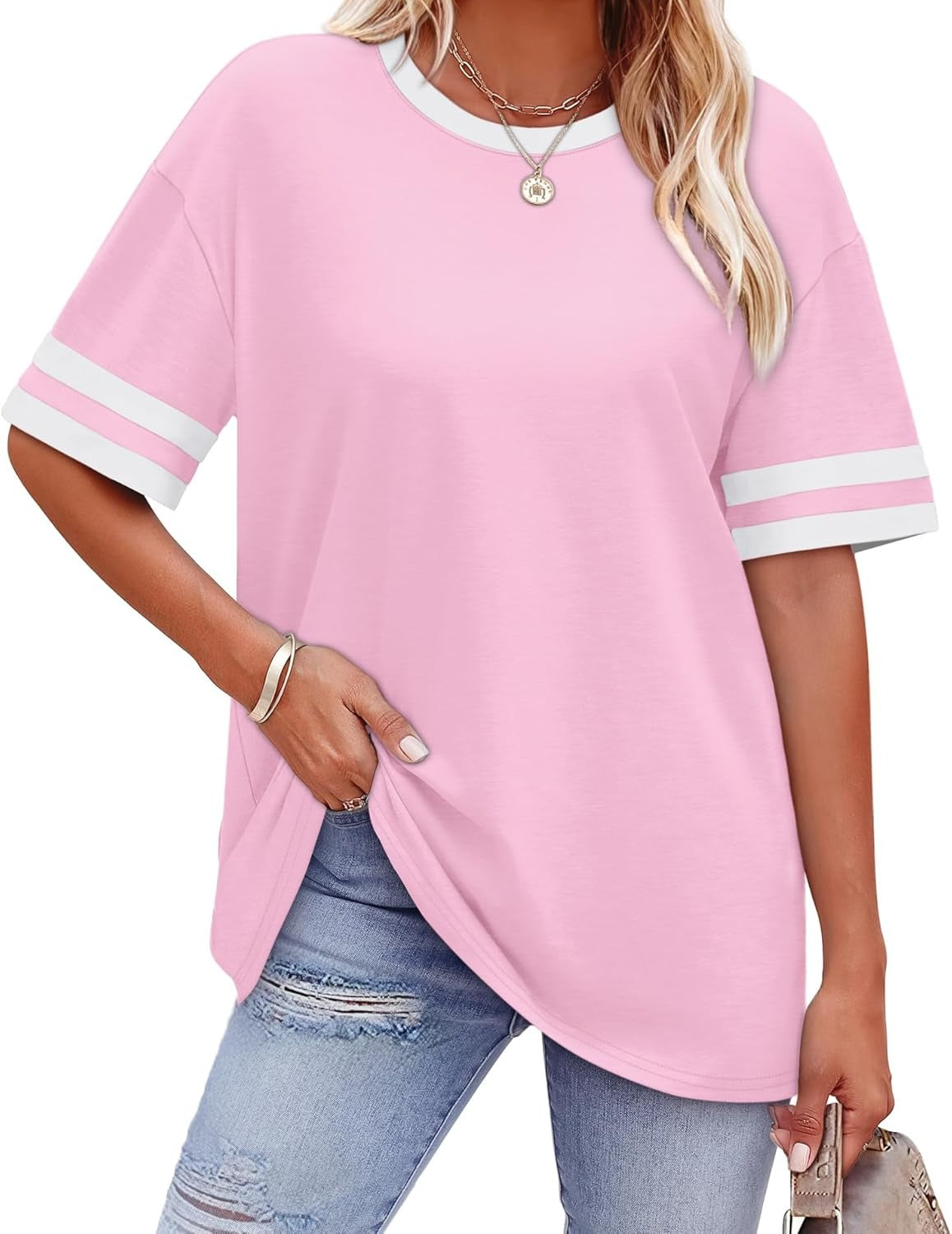 ✨ Women's Oversized Crew Neck Colorblock Striped Sleeve T-shirt