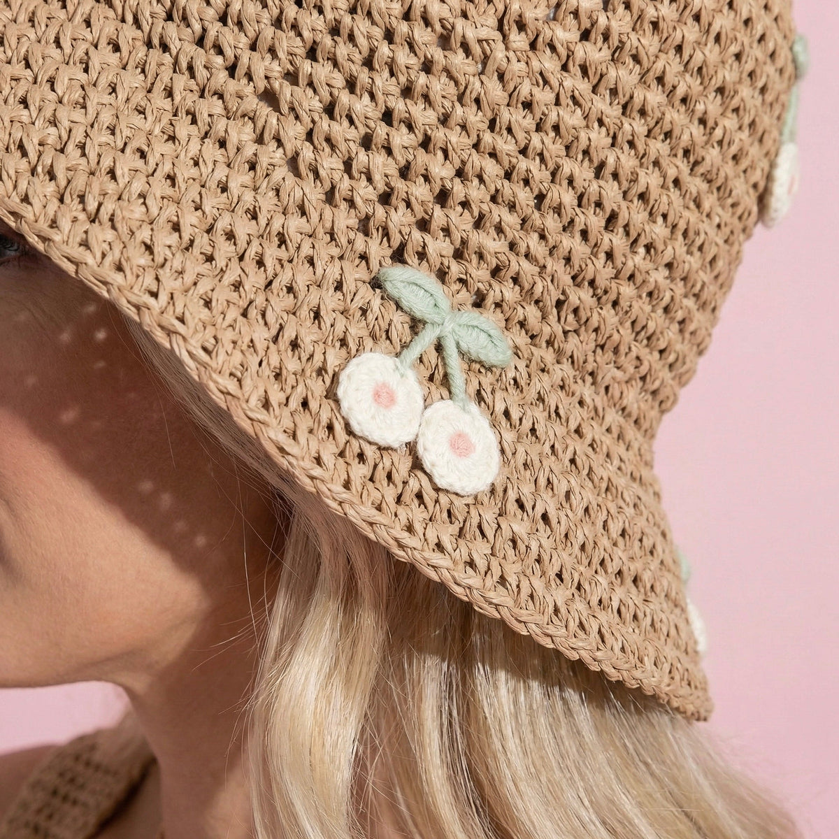 Anna-Kaci Women's Straw Bucket Hat with Cherry Embellishments