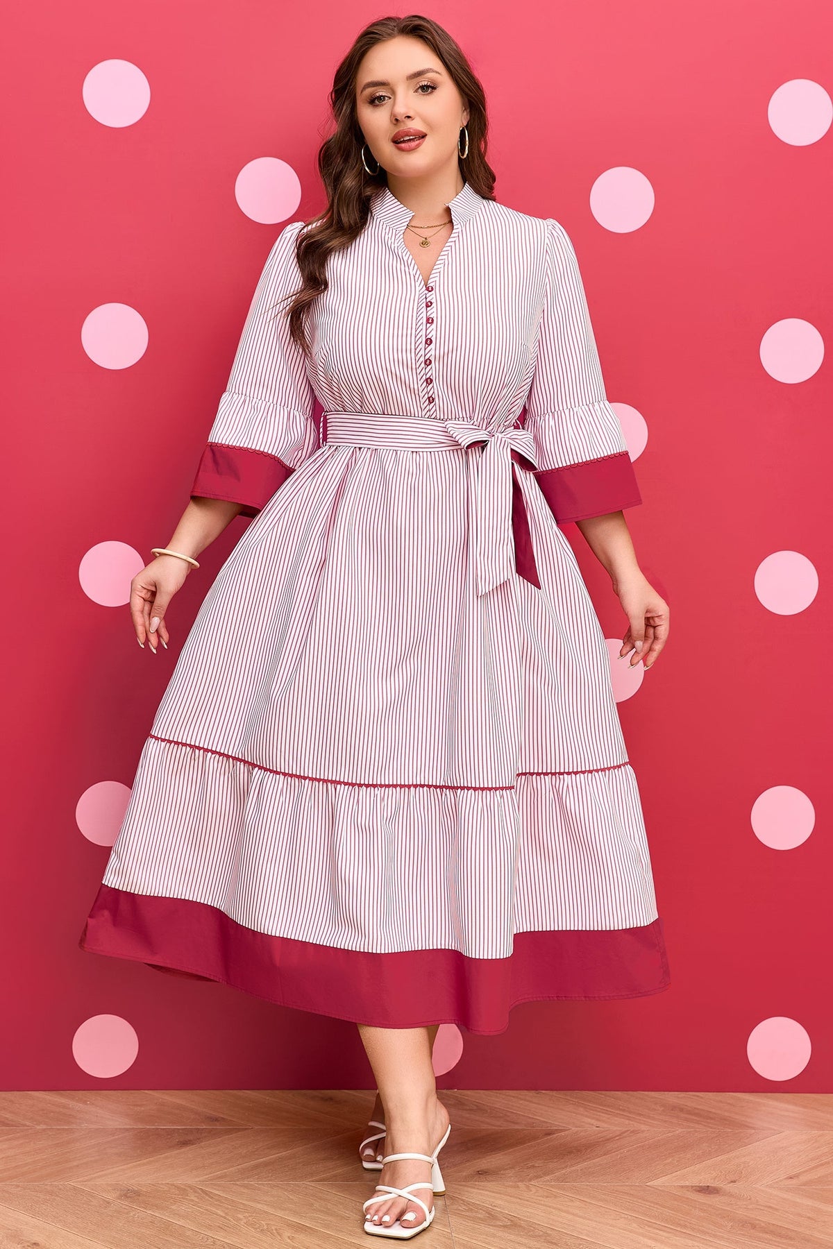 Threaded Pear Charlee Hem Pinstriped Midi PLUS Dress
