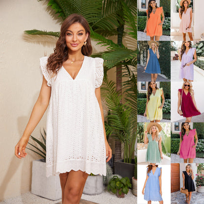 Summer Lace Jacquard Beach Dress with Pockets | Sleeveless Cutout V-Neck Sun Dress | Women’s Boho White Lace Summer Gown | Elegant Vacation & Party Lace Dress