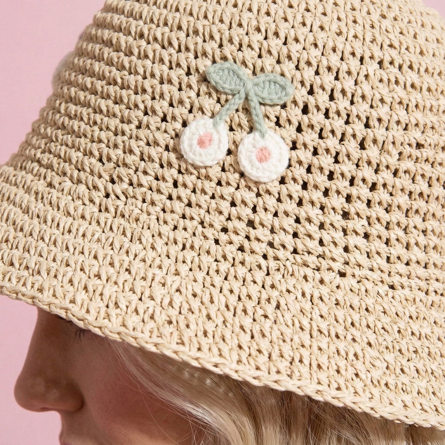 Anna-Kaci Women's Straw Bucket Hat with Cherry Embellishments