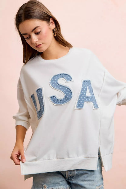 BiBi 4th Of July Usa Letter Patchwork French Terry Top