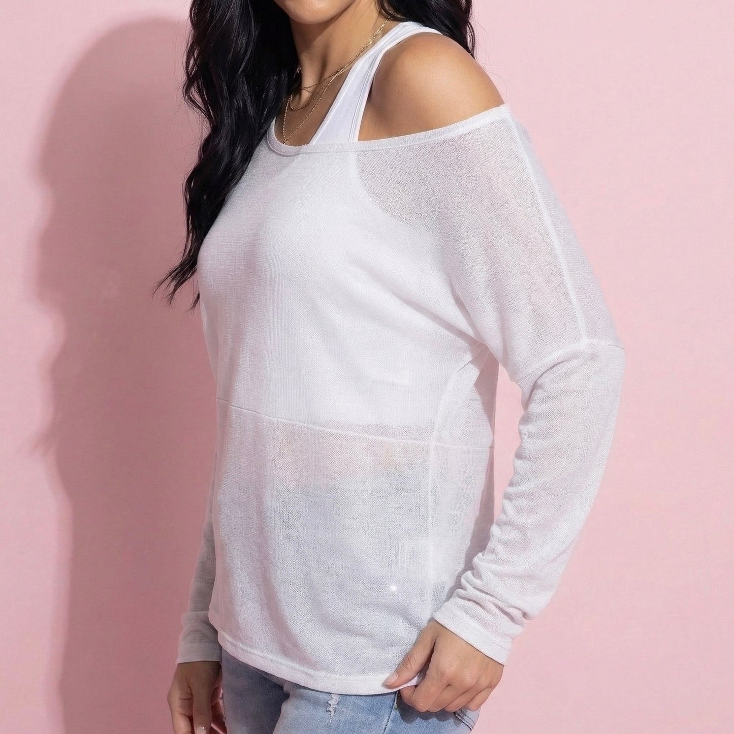 Anna-Kaci Active 2-Piece Women's Long Sleeve Sheer Pullover Top Set with Off Shoulder Neckline and Relaxed Fit