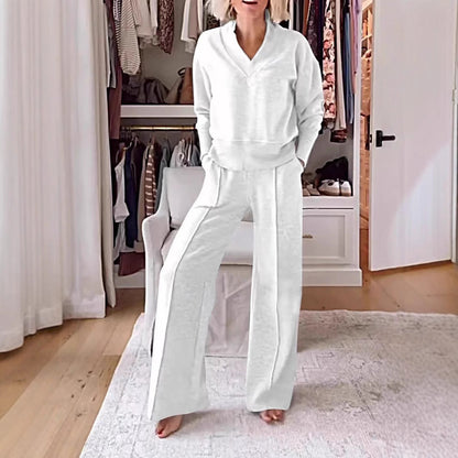 Women's Pullover Suit Casual Collared Long-Sleeved V-neck Top And Loose Straight-Leg Pants Fashion Sweatshirt Sport Trousers Set