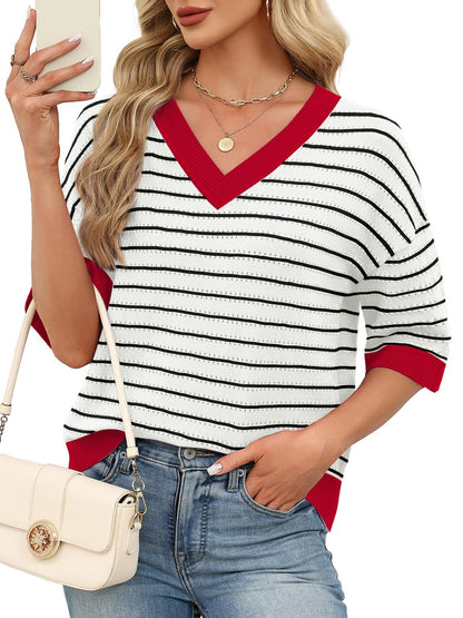 Oversized 3/4 Length Sleeve Womens Sweaters V Neck Cute Crochet Blouses