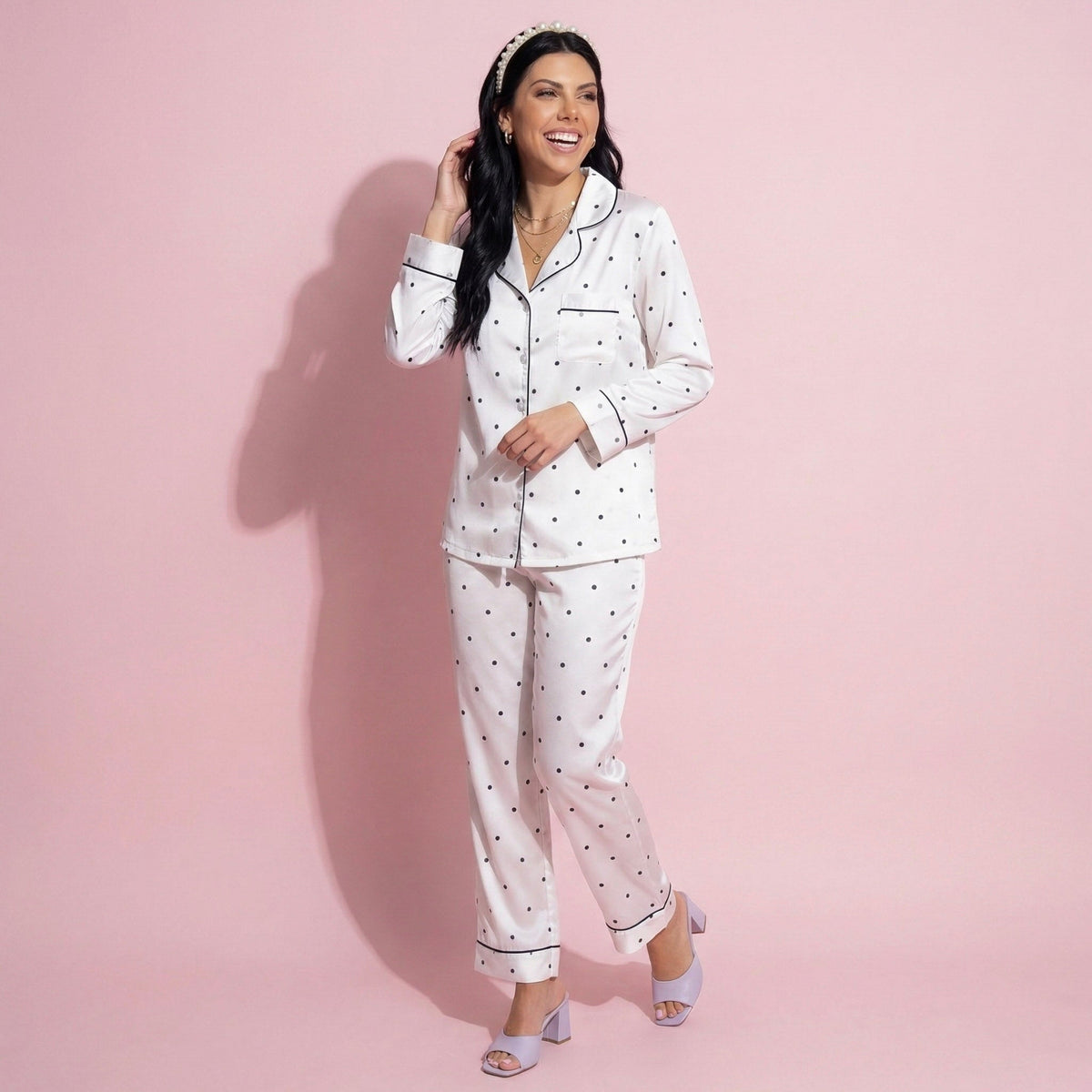 Anna-Kaci Lounge Women's 2-Piece Set Polka Dot Satin Button Front Pajama Top with Ruffle Trim and Matching Relaxed Fit Lounge Pants