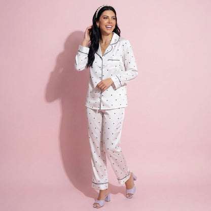 Anna-Kaci Lounge Women's 2-Piece Set Polka Dot Satin Button Front Pajama Top with Ruffle Trim and Matching Relaxed Fit Lounge Pants