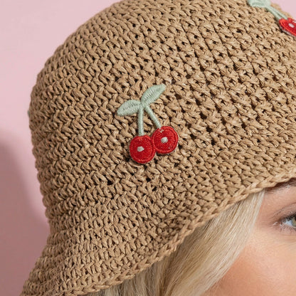 Anna-Kaci Women's Straw Bucket Hat with Cherry Embellishments