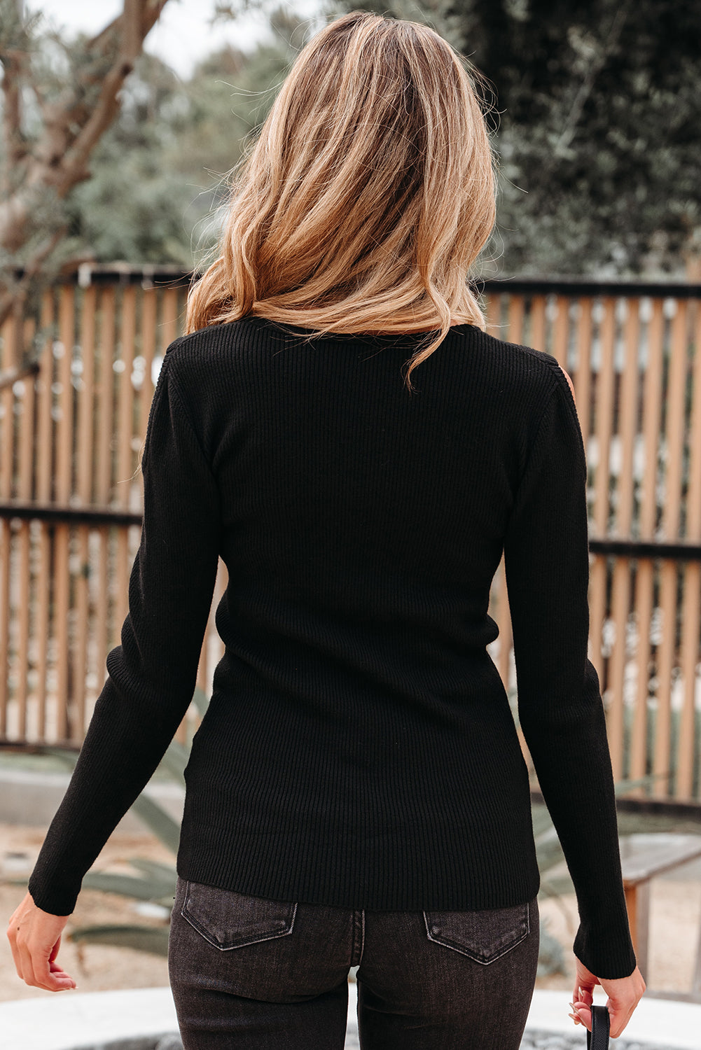 Threaded Pear Amaya Ribbed Knit Cold Shoulder Sweater