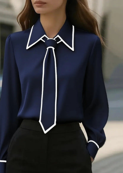 Women’s Autumn Tie-Neck Commute Shirt | Solid Color Long Sleeve Professional Blouse | Modern Office Wear Formal Top | Elegant Tie-Design Fashion Shirt