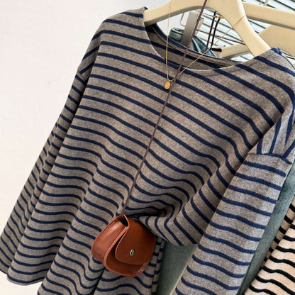 Style Brushed Long Sleeve T-Shirt for Women Plus Size Loose FitInner Wear or Outer Wear Striped