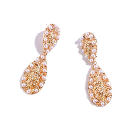 Exaggerated Geometric Pearl Drop Earrings | European & American Style Alloy Inlaid Earrings | Bold Statement Pearl Dangles | Modern Architectural Fashion Jewelry