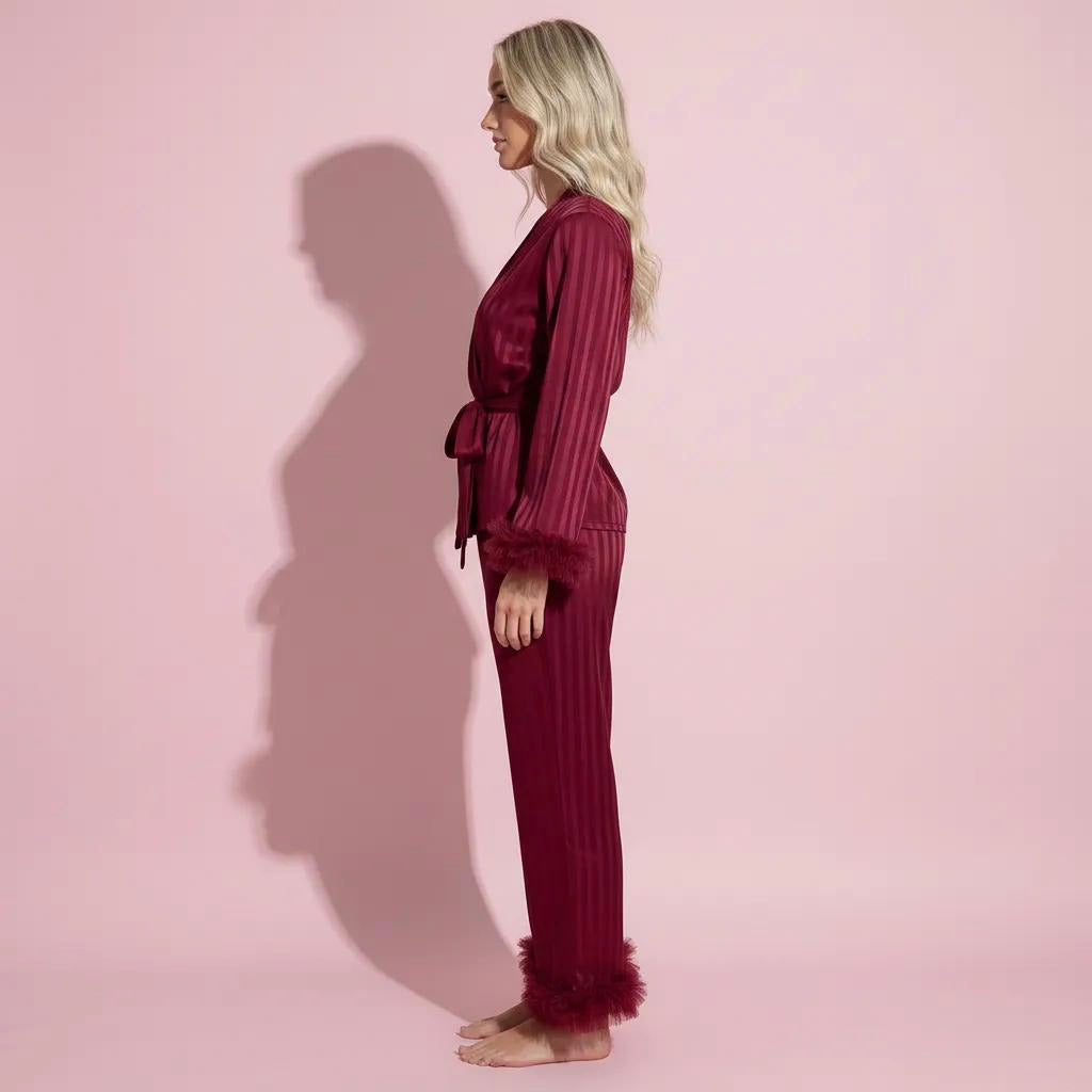 Anna-Kaci Women's 2-Piece Set Satin Wrap Top with Feather Trim Cuffs and Matching Straight-Leg Pants