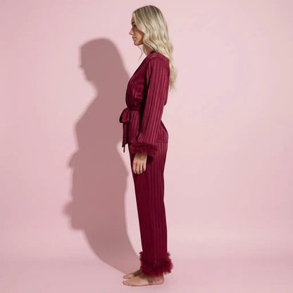 Anna-Kaci Women's 2-Piece Set Satin Wrap Top with Feather Trim Cuffs and Matching Straight-Leg Pants