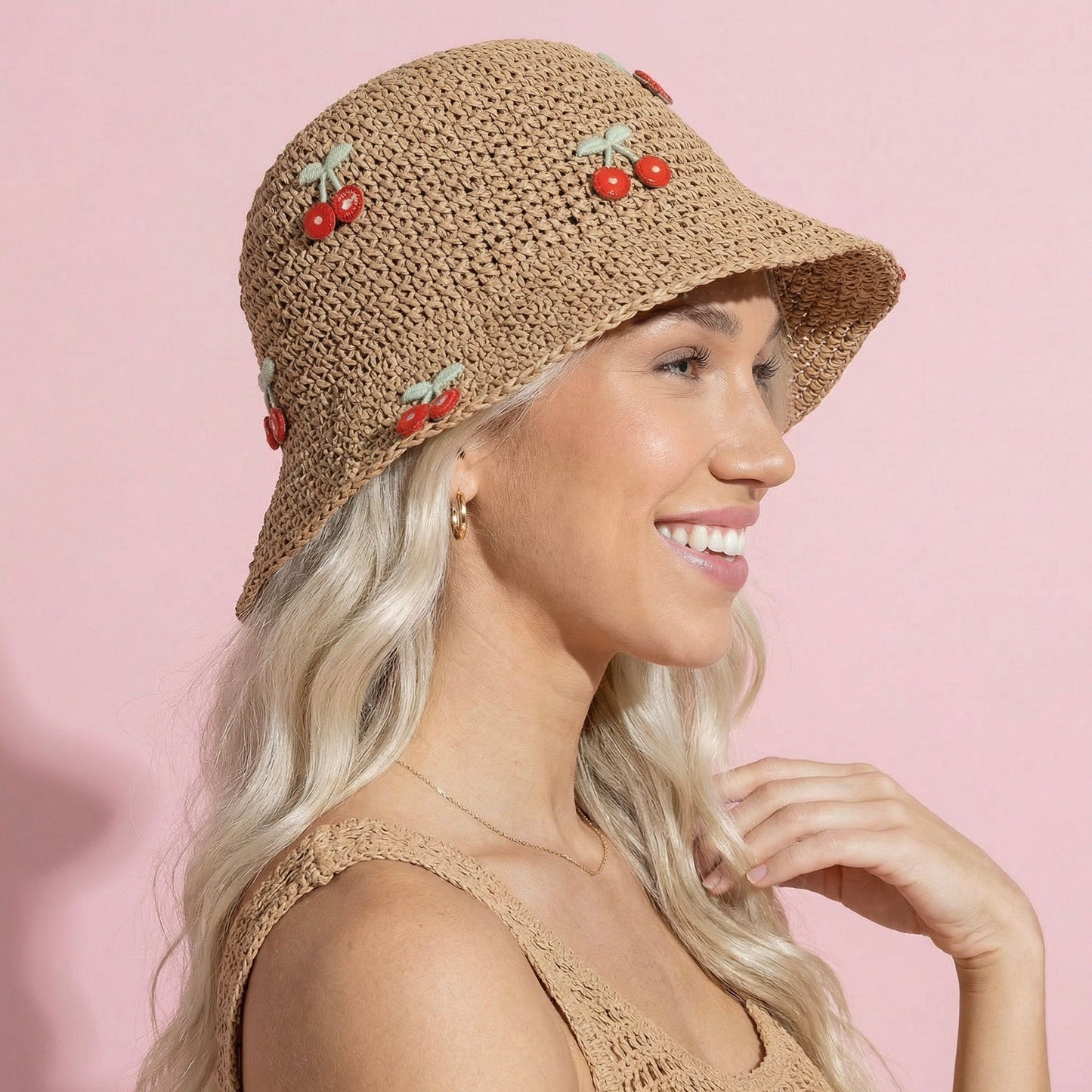 Anna-Kaci Women's Straw Bucket Hat with Cherry Embellishments