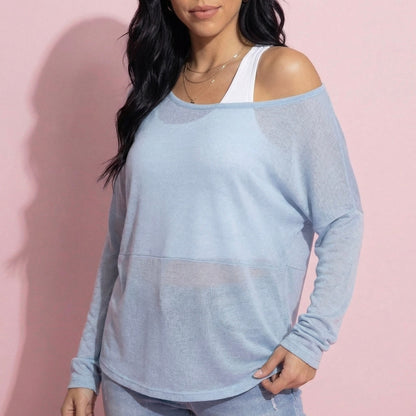 Anna-Kaci Active 2-Piece Women's Long Sleeve Sheer Pullover Top Set with Off Shoulder Neckline and Relaxed Fit