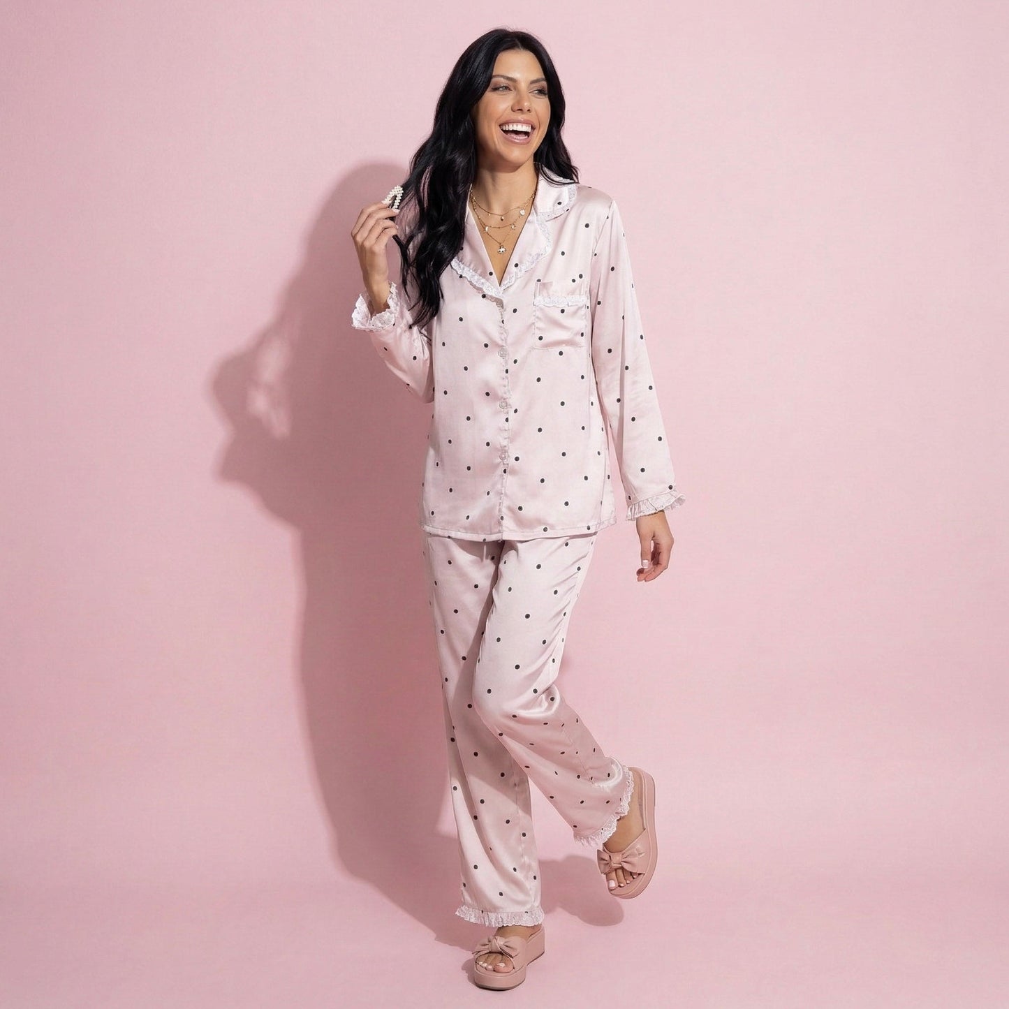 Anna-Kaci Lounge Women's 2-Piece Set Polka Dot Satin Button Front Pajama Top with Ruffle Trim and Matching Relaxed Fit Lounge Pants