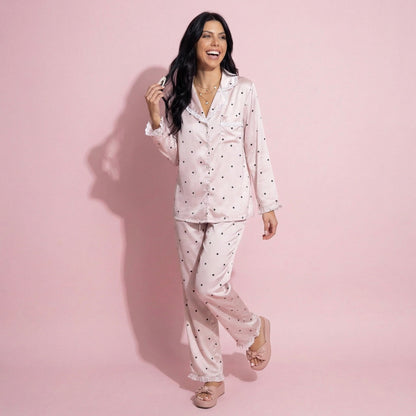 Anna-Kaci Lounge Women's 2-Piece Set Polka Dot Satin Button Front Pajama Top with Ruffle Trim and Matching Relaxed Fit Lounge Pants
