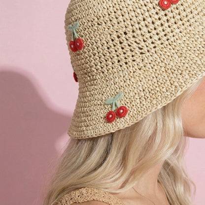 Anna-Kaci Women's Straw Bucket Hat with Cherry Embellishments