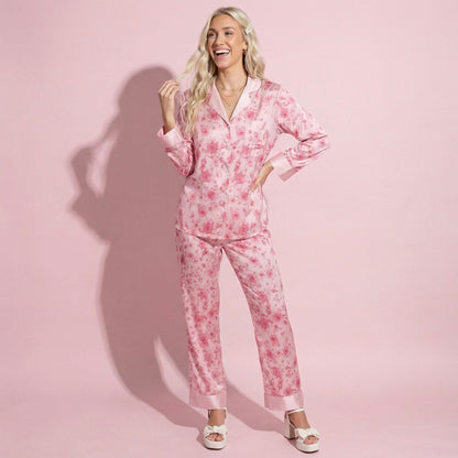 Anna-Kaci Lounge Women's 2-Piece Set Floral Satin Button Front Pajama Top with Contrast Cuffs and Matching Relaxed Fit Lounge Pants