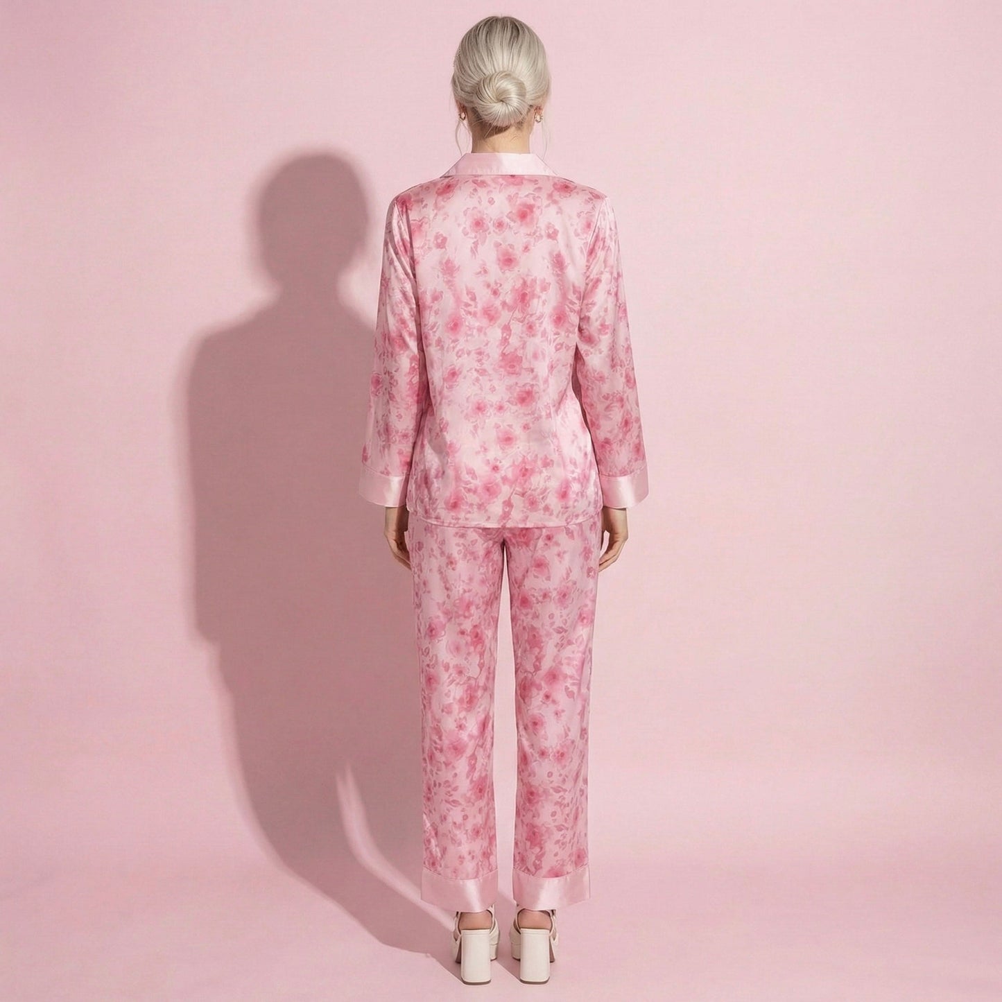 Anna-Kaci Lounge Women's 2-Piece Set Floral Satin Button Front Pajama Top with Contrast Cuffs and Matching Relaxed Fit Lounge Pants