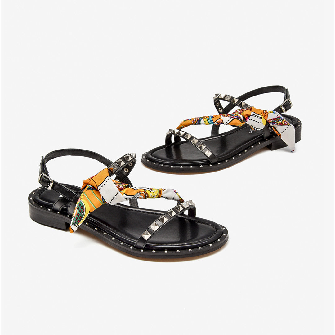 Women’s Studded Leather French Niche Flat Sandals | Elegant Rivet Detail Summer Slides | Chic Open-Toe Parisian Style Flats | Premium Leather Designer Inspired Sandals | 2026 Trendy Casual Luxury Footwear