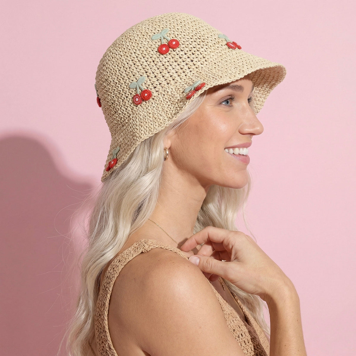 Anna-Kaci Women's Straw Bucket Hat with Cherry Embellishments