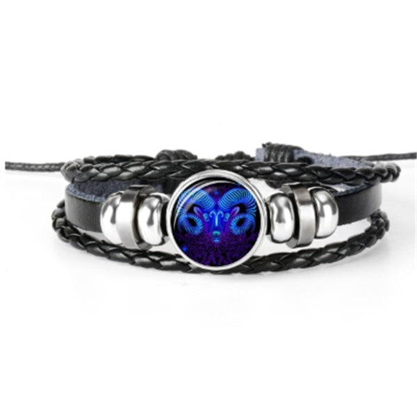 12 Zodiac Constellation Luminous Bracelet | Handmade Braided Leather Astrology Bracelet | Glow-in-the-Dark Birthday Gift for Men, Women & Kids