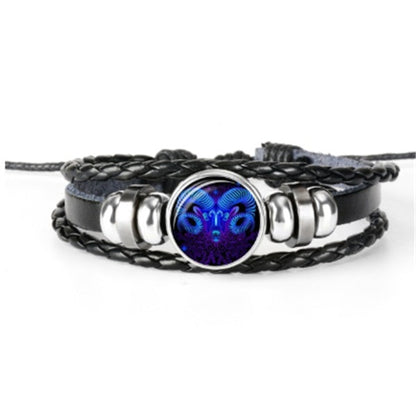 12 Zodiac Constellation Luminous Bracelet | Handmade Braided Leather Astrology Bracelet | Glow-in-the-Dark Birthday Gift for Men, Women & Kids