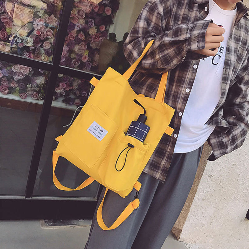 Harajuku Style Canvas Handbag for Students | Multi-Pocket Preppy Backpack & Shoulder Bag | Kawaii Schoolbag for Women | Large Capacity Versatile Tote for College & Travel