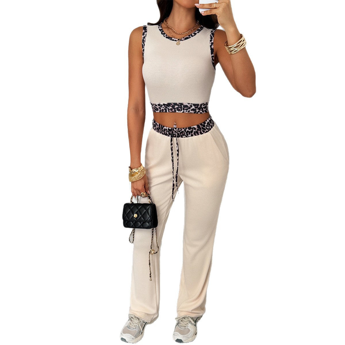 Leopard print vest long pants two-piece set for women's clothing