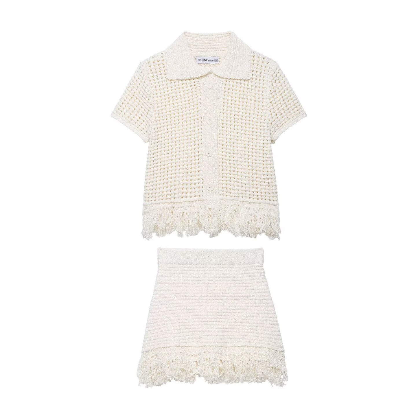 Tassel embellished plaid knitted jacket+half skirt set