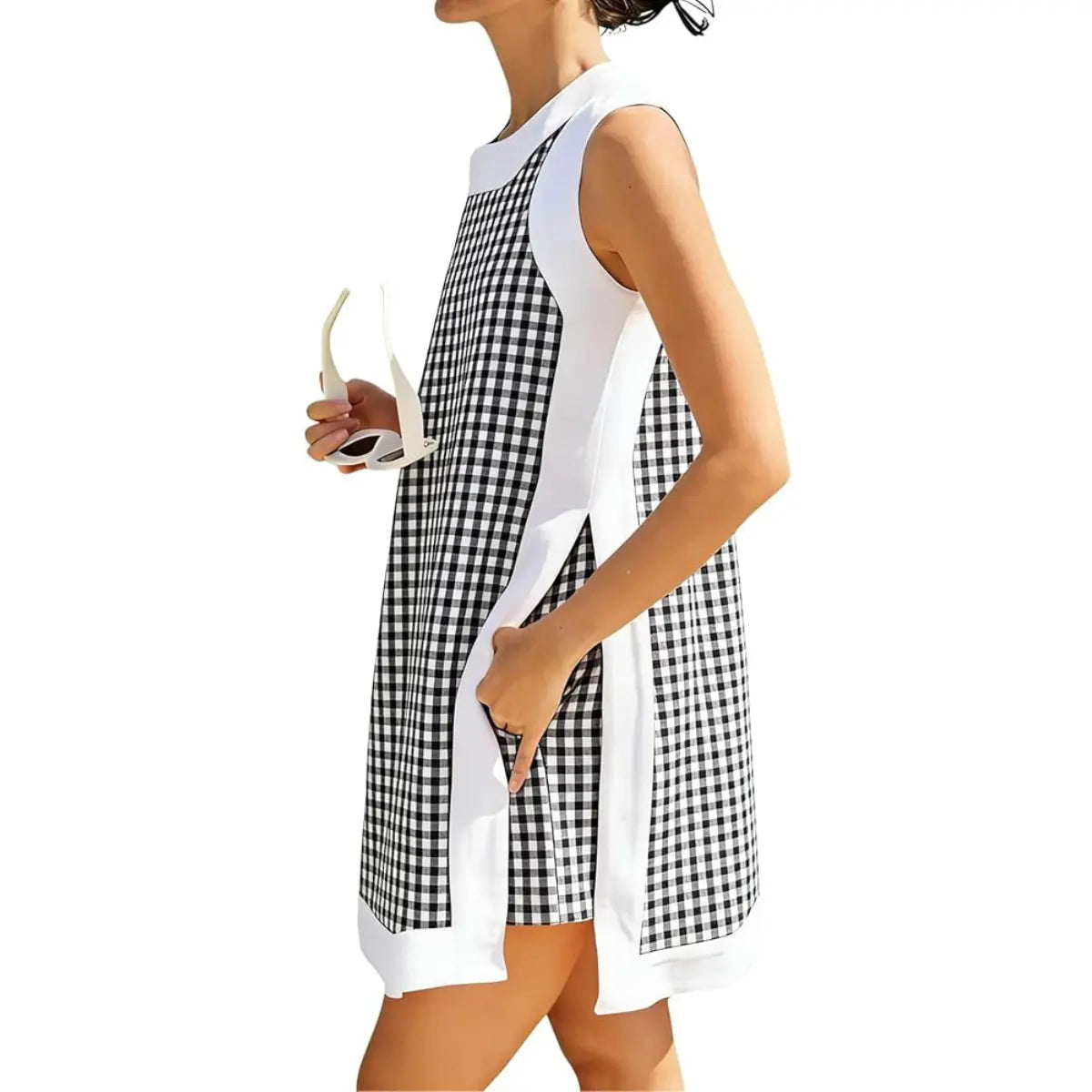 Gingham Plaid Color Block Sleeveless Tunic Top & Pocket High Waist Shorts 2 Piece Set
