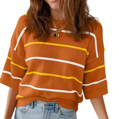 Womens Tops Crewneck Short Sleeve Sweater Pullover Knit Striped Shirt Spring Outfits for Women 2026