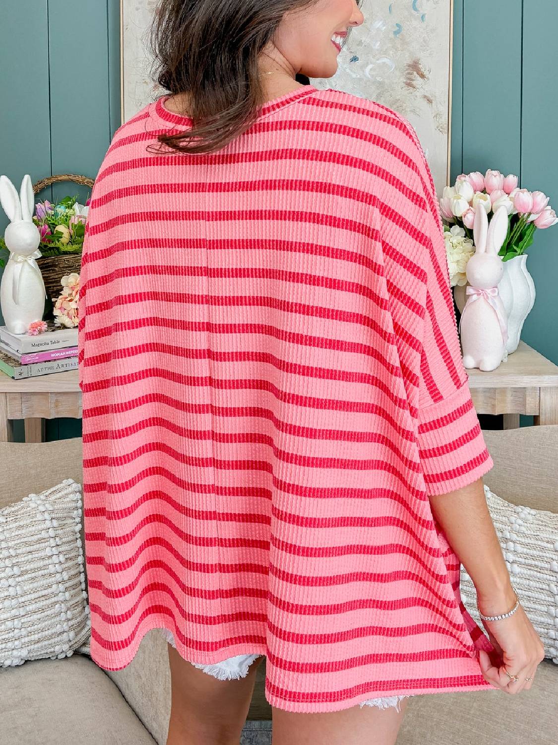Women's Striped Ribbed Oversized 3/4 Sleeve Top