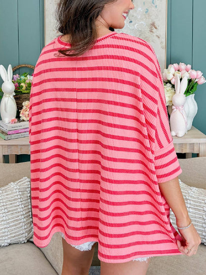 Women's Striped Ribbed Oversized 3/4 Sleeve Top