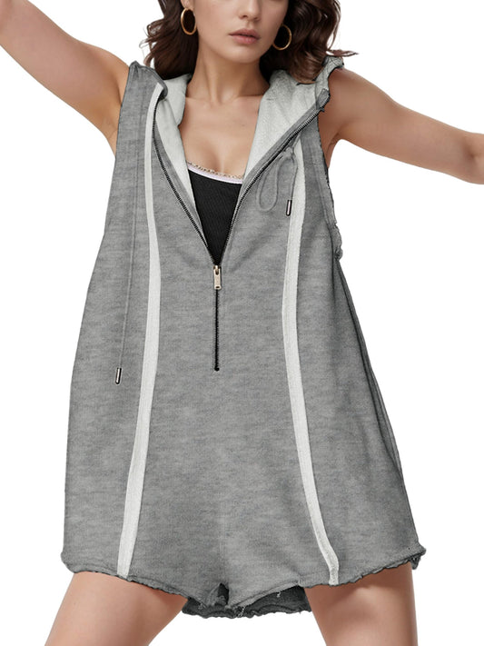Women's Half-Zip Sleeveless Sports Jumpsuit with Hood
