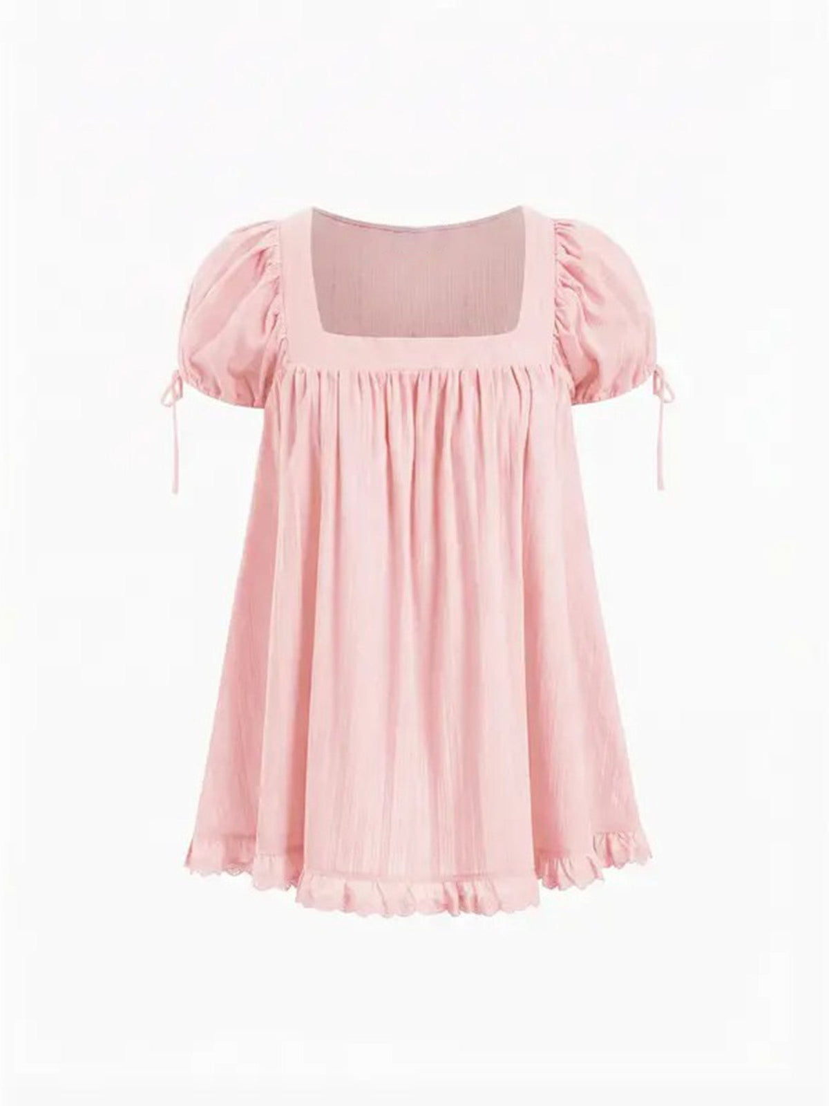 Sweet square neckline, ruffled chest, puff sleeves, adjustable silhouette, casual long shirt