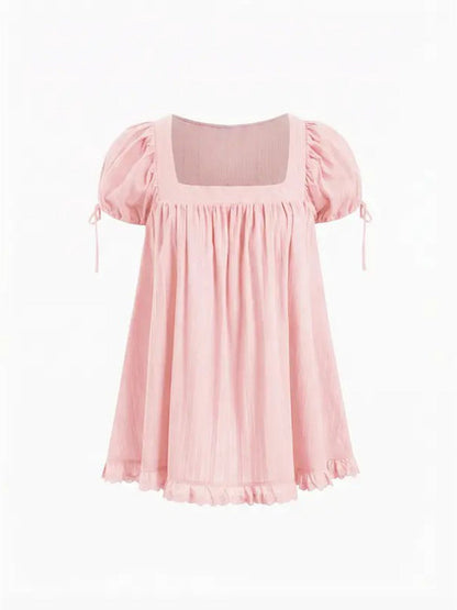 Sweet square neckline, ruffled chest, puff sleeves, adjustable silhouette, casual long shirt