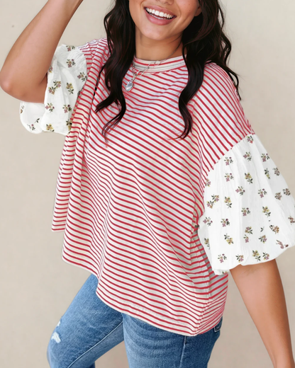 Aviva Puff Sleeve Patchwork Round Neck Loose Top - Red