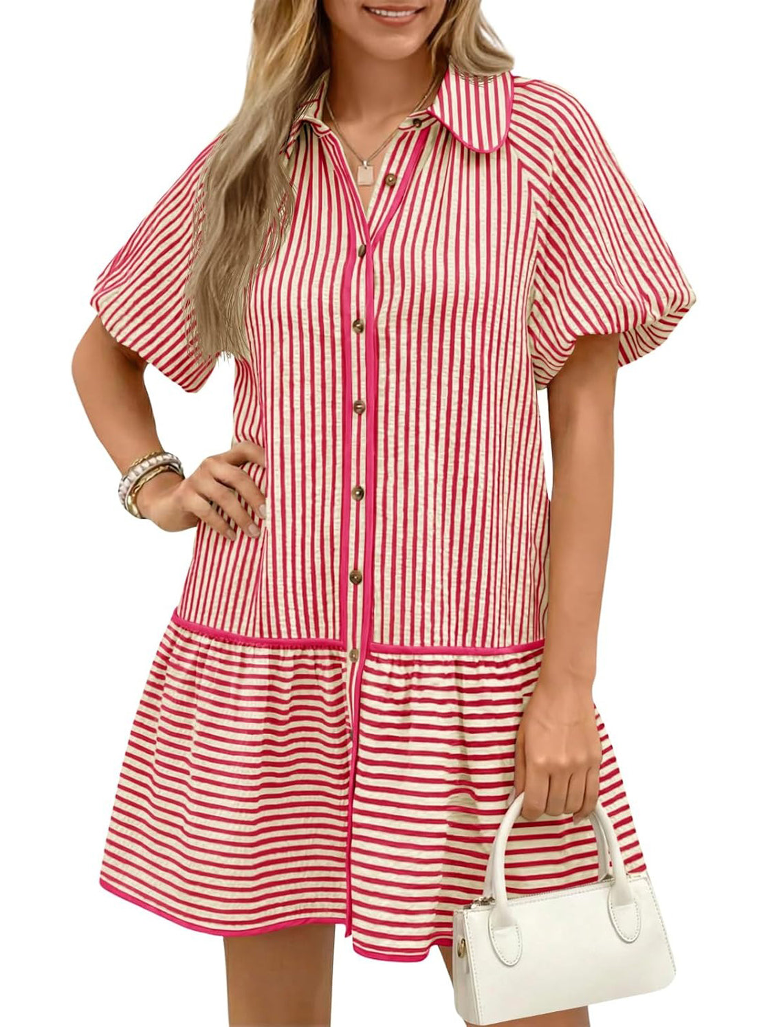 Women's Sweet Striped Lapel Puff Sleeve Midi Dress