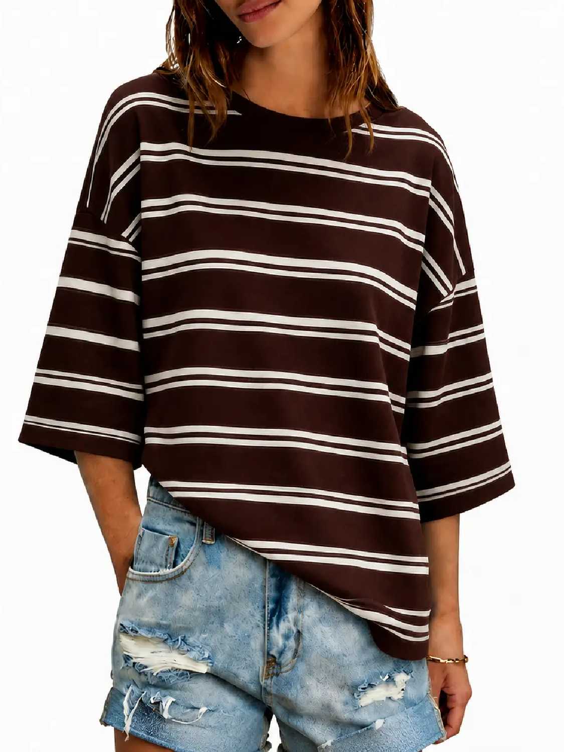 Oversized Drop Shoulder Zebra Print 3/4 Sleeve Casual Tee
