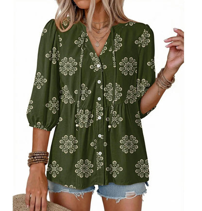 Women's Boho Floral V-Neck Button-Down Peplum Blouse