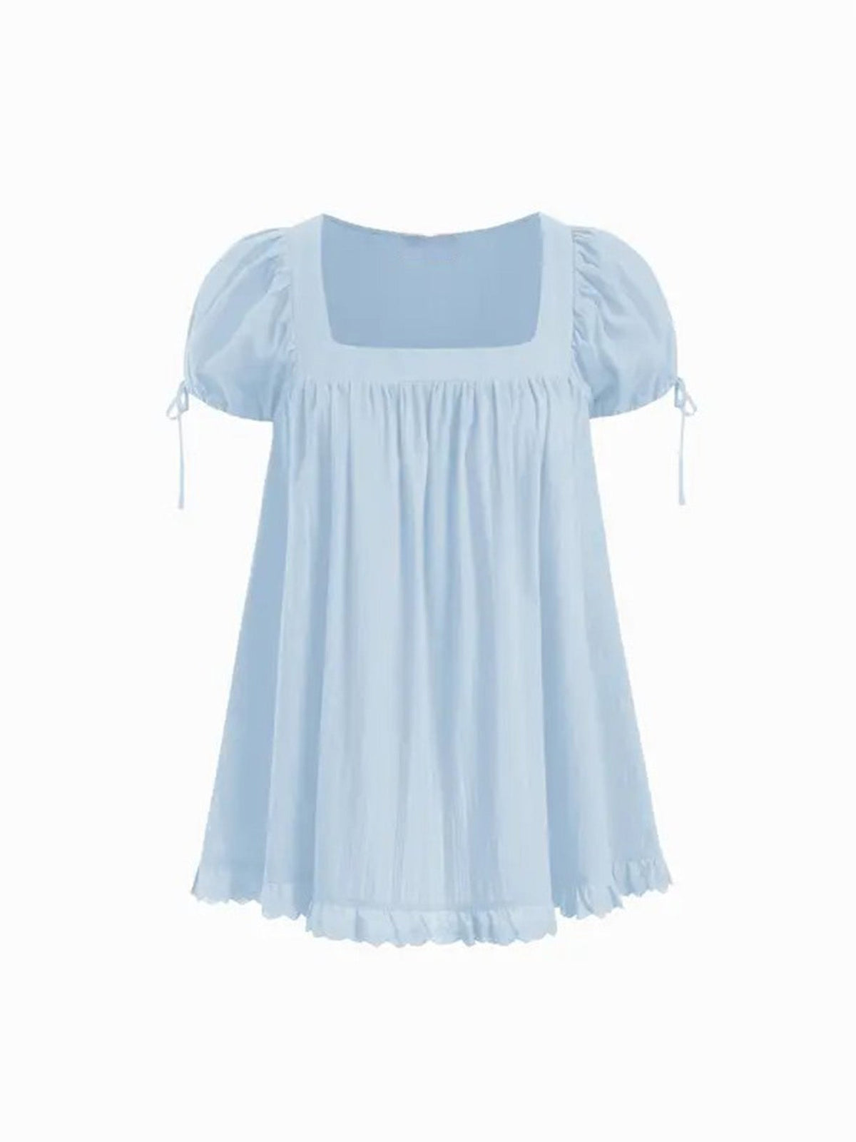 Sweet square neckline, ruffled chest, puff sleeves, adjustable silhouette, casual long shirt